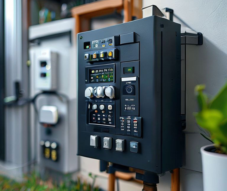 Modern inverter voltage stabilizer with digital display protecting home appliances during power fluctuation event
